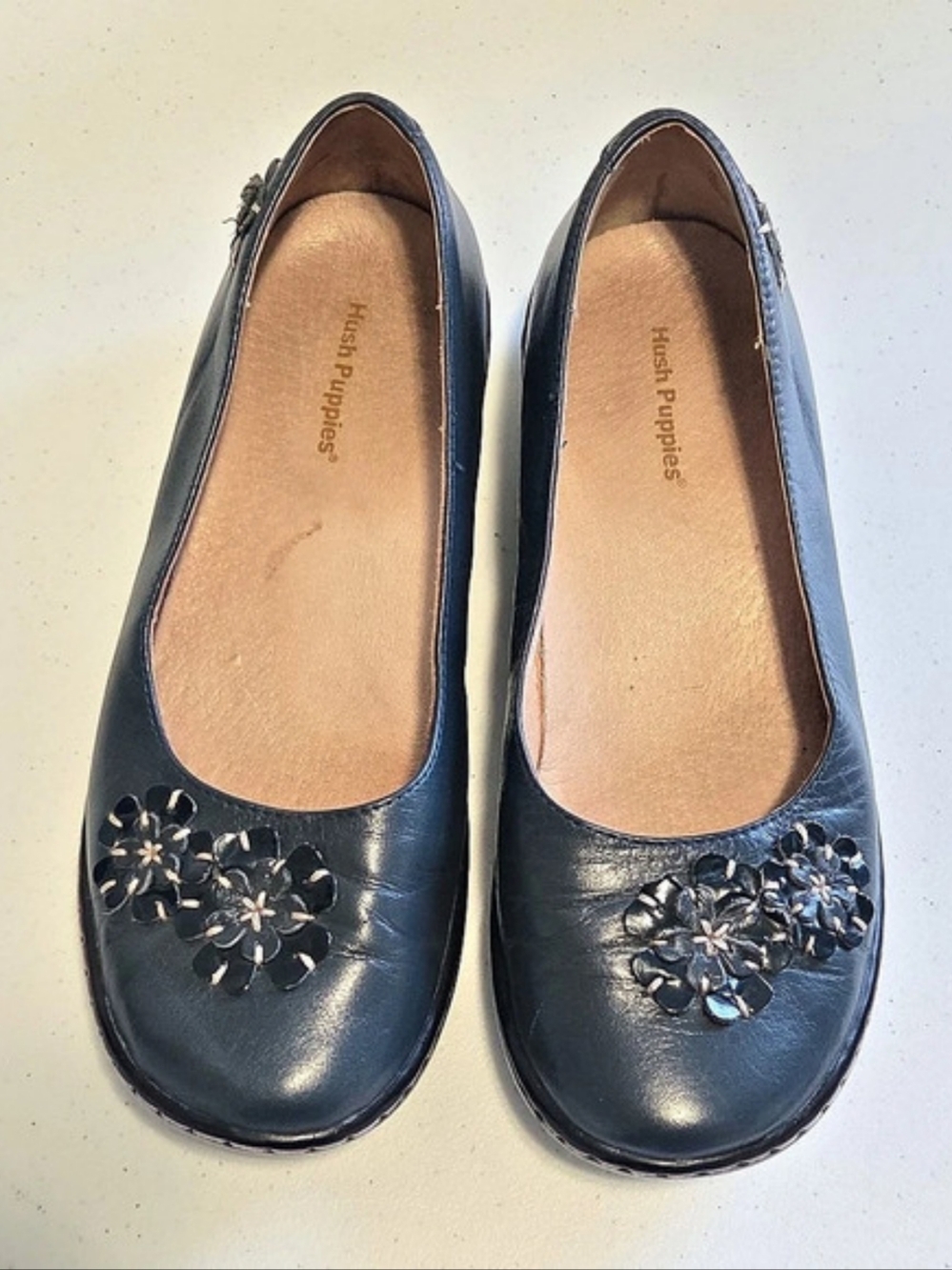 Hush Puppies Leather Navy Blue Floral Accents Flats Loafers US 7W